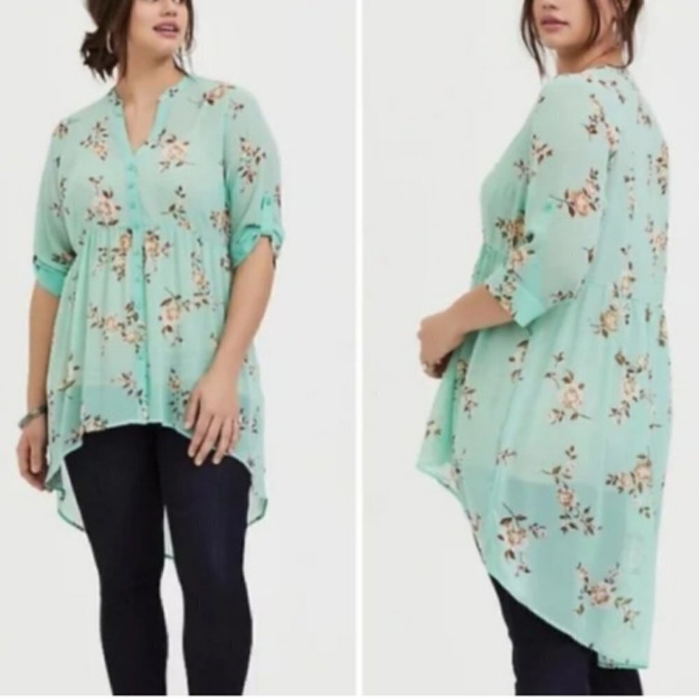 Torrid Lexington mint green floral chiffon blouse